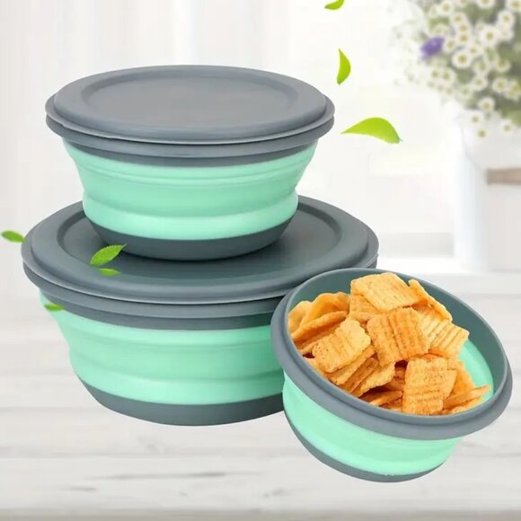 aperfectbuy Other - NEW 3pcs Green Silicone Folding Bowl Set Leak-Proof & Collapsible with Lids